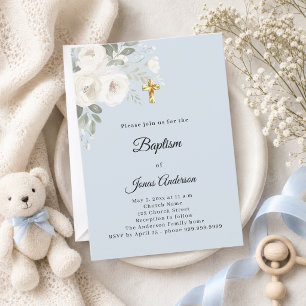 Invitation Célébration de baptême fleurs bleues et blanches g