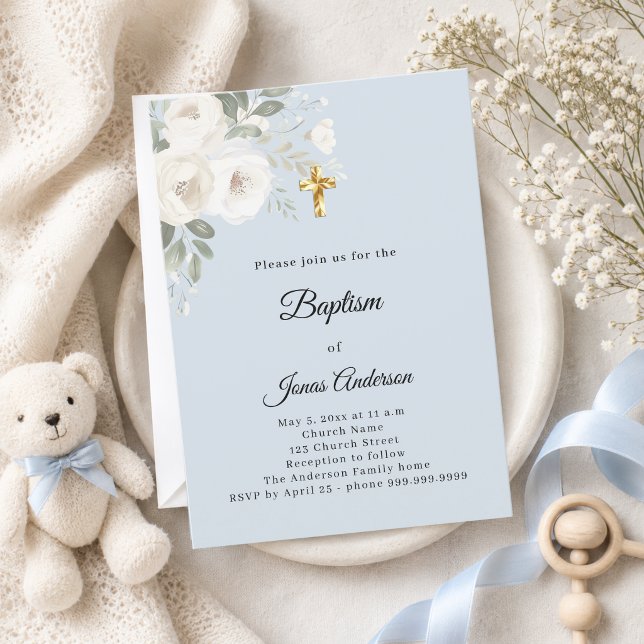 Invitation Célébration de baptême fleurs bleues et blanches g (Créateur téléchargé)