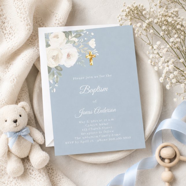 Invitation Célébration de baptême florales blanches bleu pous (Créateur téléchargé)
