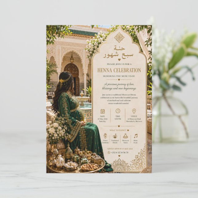 Invitation Célébration de bébé en kaftan vert royal (Debout devant)