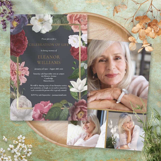 Invitation Célébration de collage photo florale de funéraille (Créateur téléchargé)