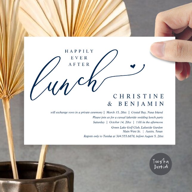 Invitation Célébration de déjeuner de mariage en fuite pour t (Happily ever After Lunch Invitation Card, PDF, Post Wedding Elopement, In Navy Blue)