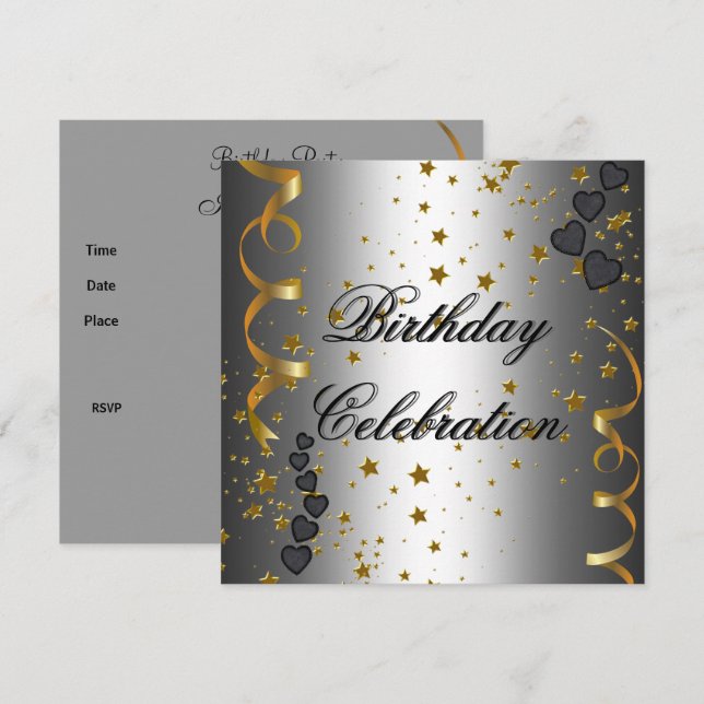 Invitation Célébration de fête d'anniversaire étoiles argent  (Devant / Derrière)
