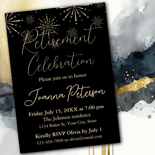 Invitation Célébration de fête de retraite noir et or (Créateur téléchargé)