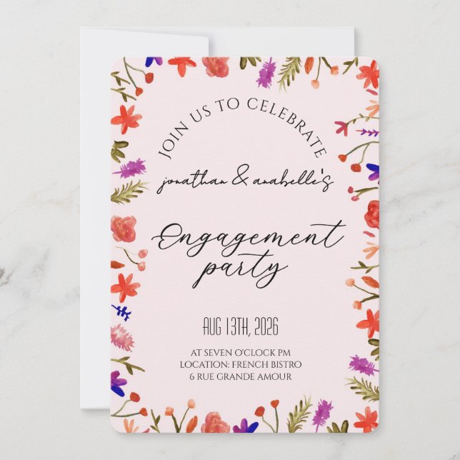 Invitation Célébration de fiançailles élégante avec fleurs à  (Devant)