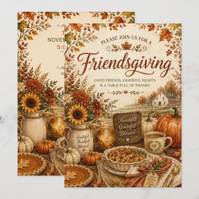 Invitation Célébration de Friendsgiving à la ferme rustique e (Devant / Derrière)