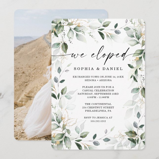 Invitation Célébration de fuite amoureuse avec aquarelle vert (Devant / Derrière)