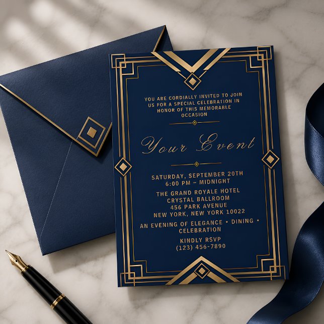 Invitation Célébration de gala Art Déco bleu marine et or de  (Créateur téléchargé)