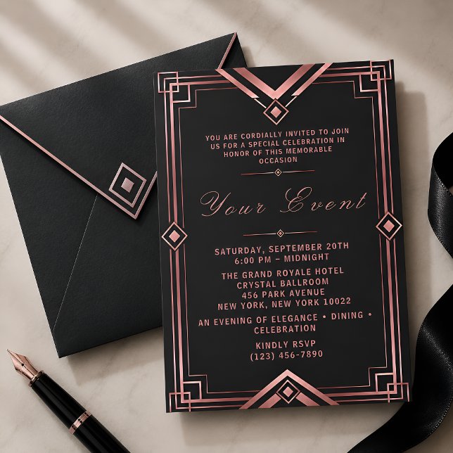 Invitation Célébration de gala Art Déco or rose et noir (Créateur téléchargé)