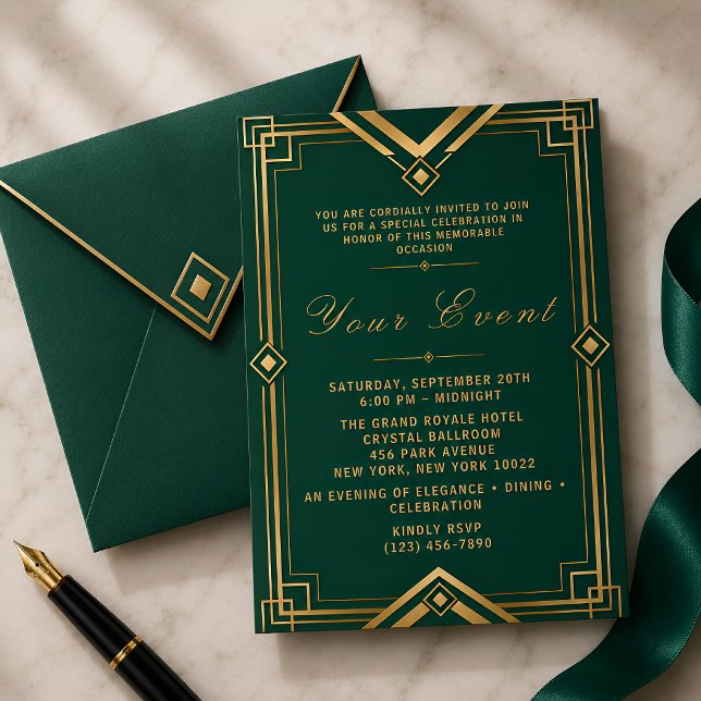 Invitation Célébration de gala émeraude vert or Art Déco Luxe (Créateur téléchargé)