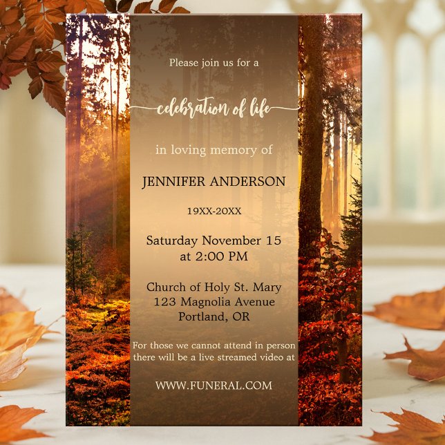 Invitation Célébration de la forêt automnale (Memorial, funeral or celebration of life service invitation featuring a colorful autumn forest)