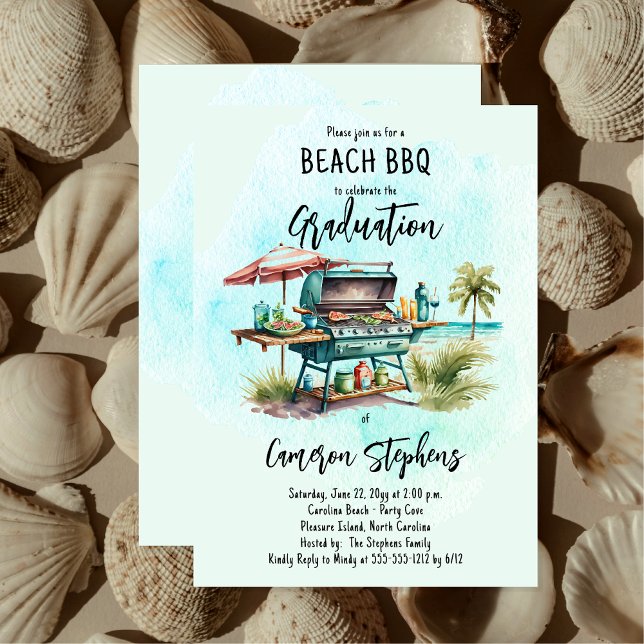 Invitation Célébration de la graduation Plage BBQ Grill ("Beach BBQ" Grill Graduation Party Invitation for Print and/or Digital Download)