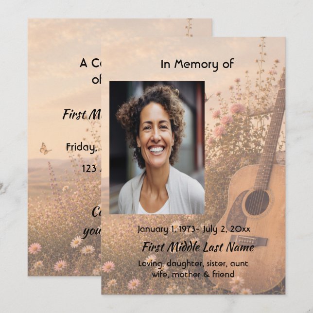 Invitation Célébration de la musique de guitare Service funèb (Devant / Derrière)