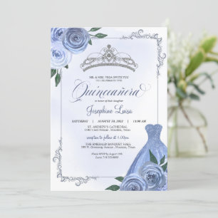 Invitation Célébration de la Quinceañera en argent bleu et bl