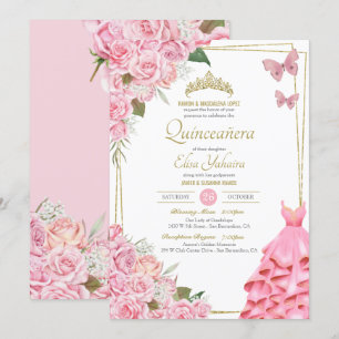 Invitation Célébration de la Quinceanera, papillon floral ros