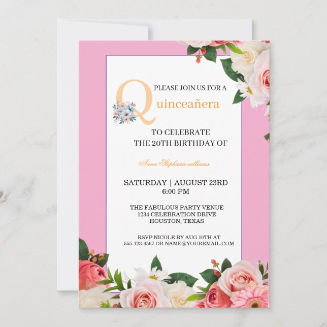 Invitation Célébration de la Quinceanera rose (Devant)