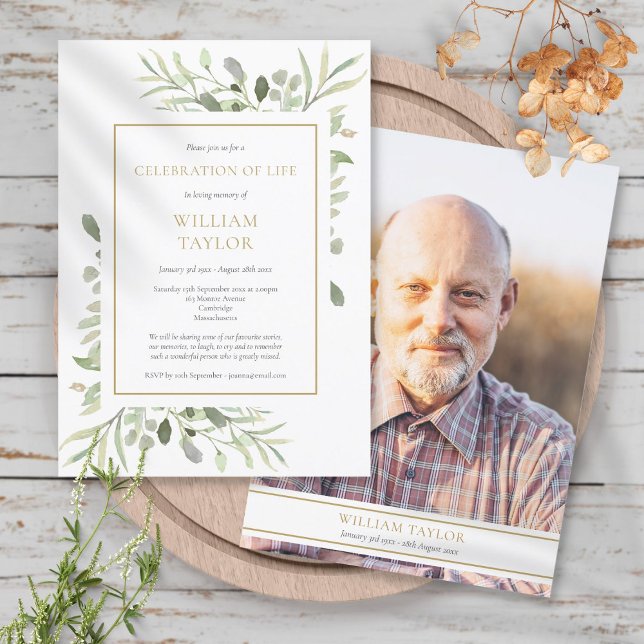 Invitation Célébration de la verdure de la vie Photo moderne  (Greenery Celebration of Life Modern Photo Funeral Invitation)