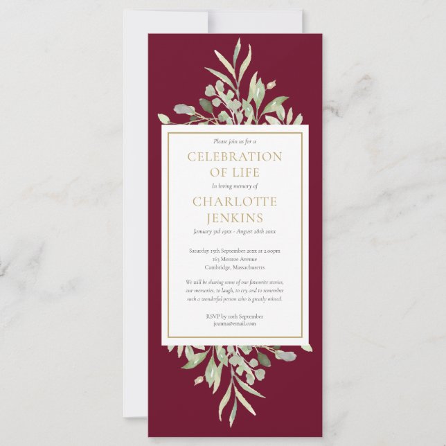 Invitation Célébration de la verdure Service funéraire de la  (Devant)