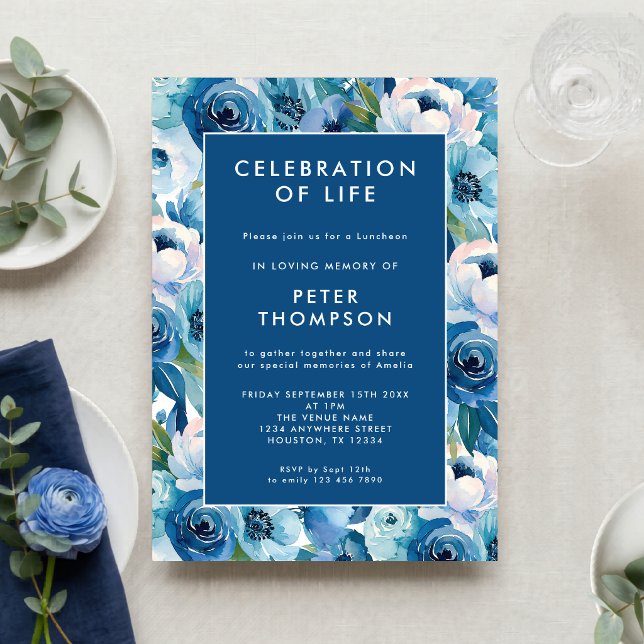 Invitation Célébration de la vie à bordure florale bleue (Créateur téléchargé)