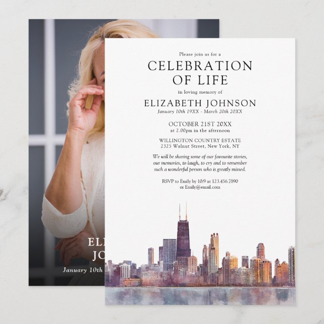 Invitation Célébration de la vie à Chicago Mémorial de funéra (Devant / Derrière)