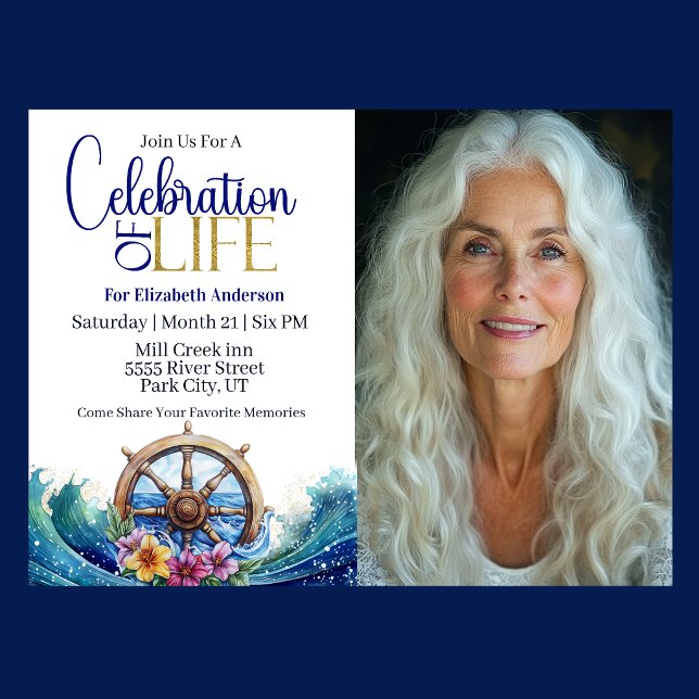 Invitation Célébration de la vie à la roue de navigation de v (Nautical Celebration Of Life invitation with ship wheel, ocean waves, and tropical flowers )