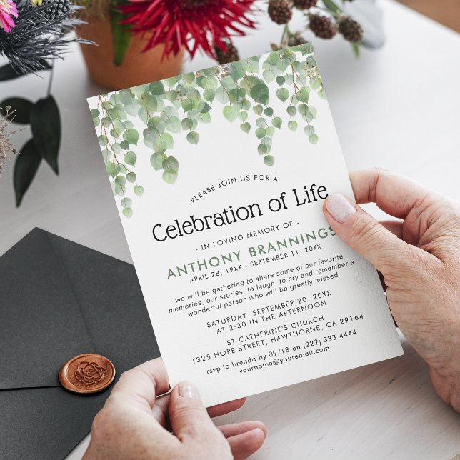 Invitation Célébration de la vie à l'aquarelle Eucalyptus Ver (Créateur téléchargé)