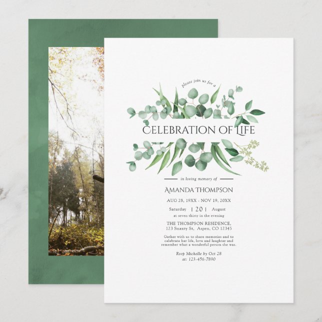 Invitation Célébration de la vie à l'aquarelle Eucalyptus ver (Devant / Derrière)
