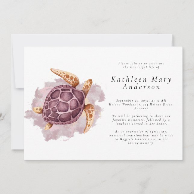 Invitation Célébration de la vie au mémorial de la tortue de  (Devant)