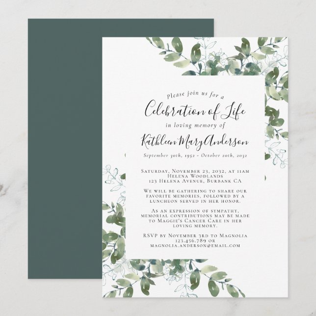 Invitation Célébration de la vie au Mémorial des Eucalyptus (Devant / Derrière)