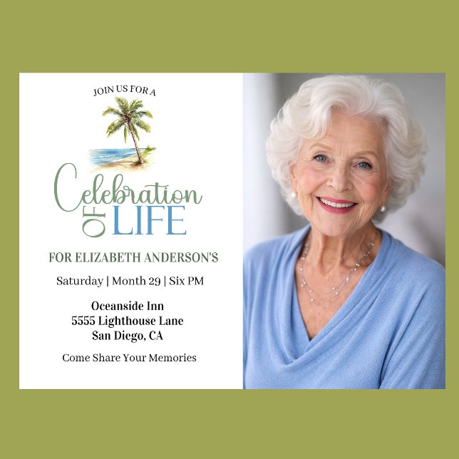 Invitation Célébration de la vie au palmier de la plage (Tropical beach celebration of life invitation with palm tree watercolor design and elegant photo)