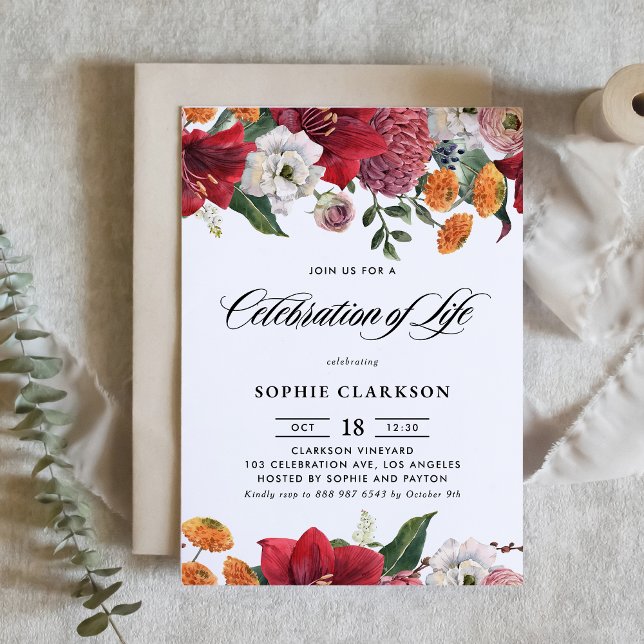 Invitation Célébration de la vie avec amaryllis botanique et  (Elegant Floral Celebration Invitation with Amaryllis, Peonies, Ranunculus and Chrysanthemums )