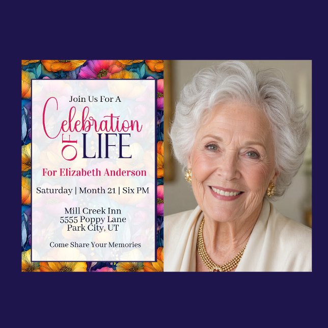Invitation Célébration de la vie avec des fleurs de pavot col (Colorful vibrant poppy flower celebration of life invitation with elegant floral border and photo )