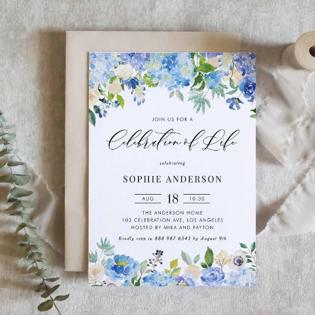 Invitation Célébration de la vie avec Hortensia Bleu et Rose  (Blue Hydrangea and Ivory Rose Watercolor Memorial Invitation with Greenery Accents)