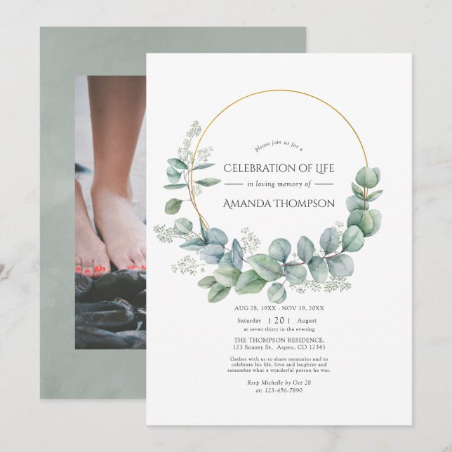Invitation Célébration de la vie avec photo d'eucalyptus Silv (Devant / Derrière)