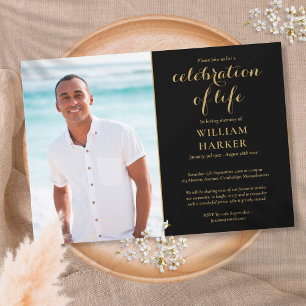 Invitation Célébration de la vie Black and Gold Funeral Photo