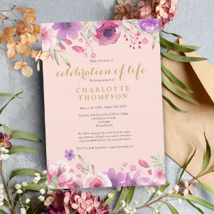 Invitation Célébration de la vie Blush Pink Gold Floral Funer