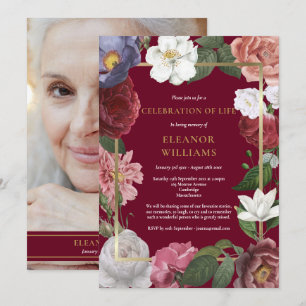 Invitation Célébration de la vie Bourgogne Floral Photo