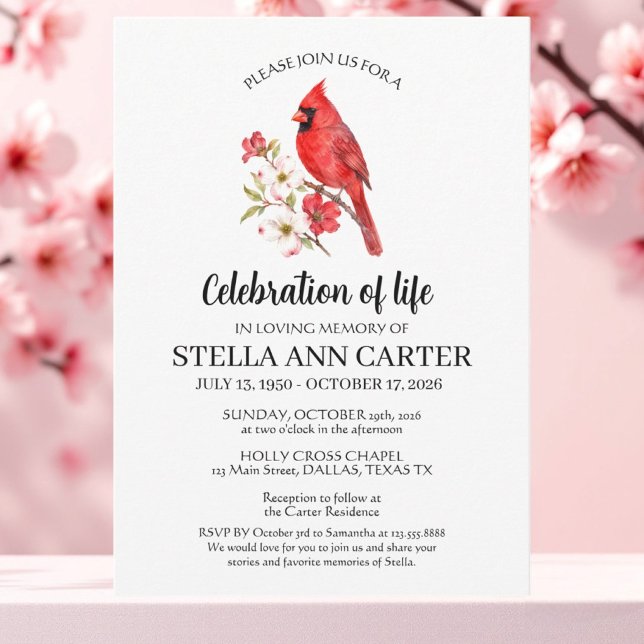 Invitation Célébration de la vie Cardinal rouge Fleurs Funéra (Créateur téléchargé)