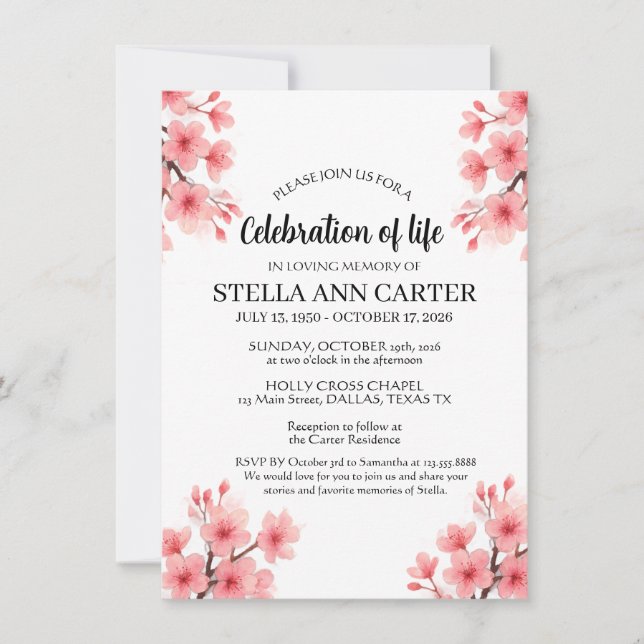 Invitation Célébration de la vie Cerisier Fleur Floral Funéra (Devant)