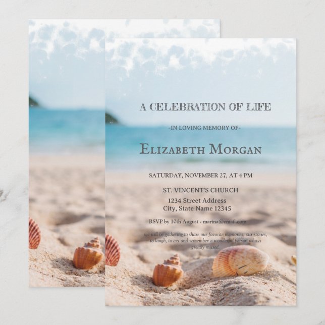 Invitation Célébration de la vie Coquillages de plage (Devant / Derrière)