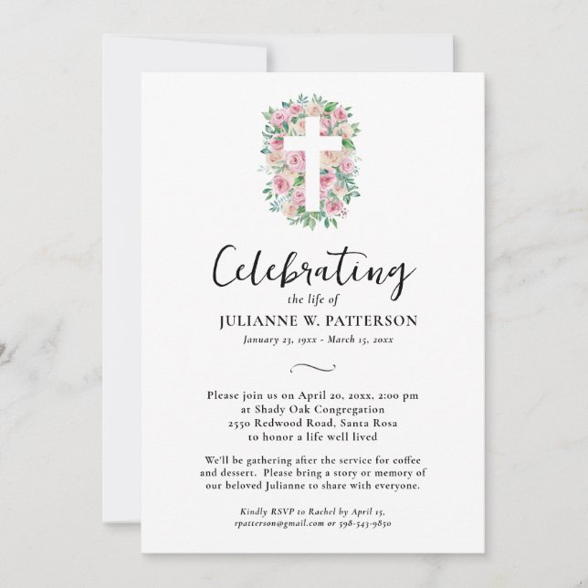 Invitation Célébration de la vie, Croix Rose, Photo, Funérail (Devant)