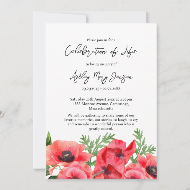 Invitation Célébration de la vie de coquelicot Photo Funérail (Dos)