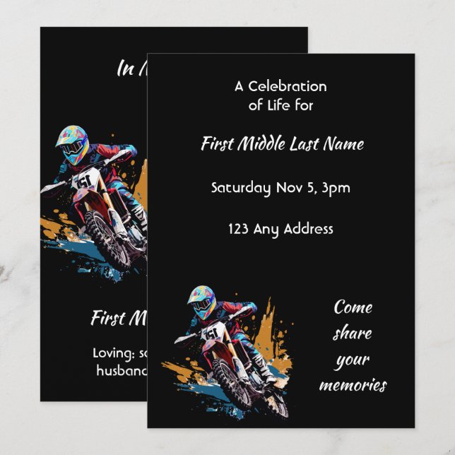 Invitation Célébration de la vie de course de moto motocross  (Devant / Derrière)