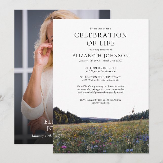 Invitation Célébration De La Vie De Fleur Sauvage Photo Funér (Devant / Derrière)