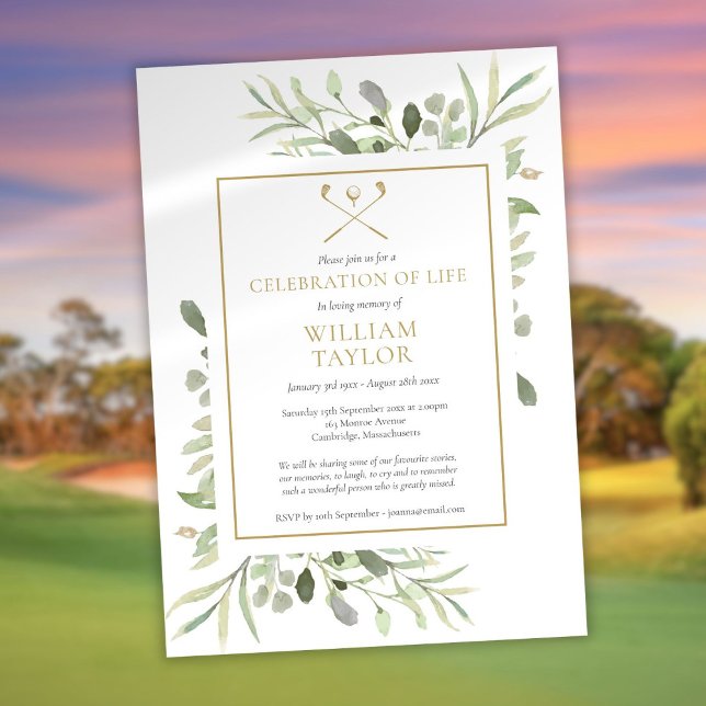 Invitation Célébration de la vie de golfeur avec verdure funé (Golfer Funeral Celebration of Life Greenery Invitation)
