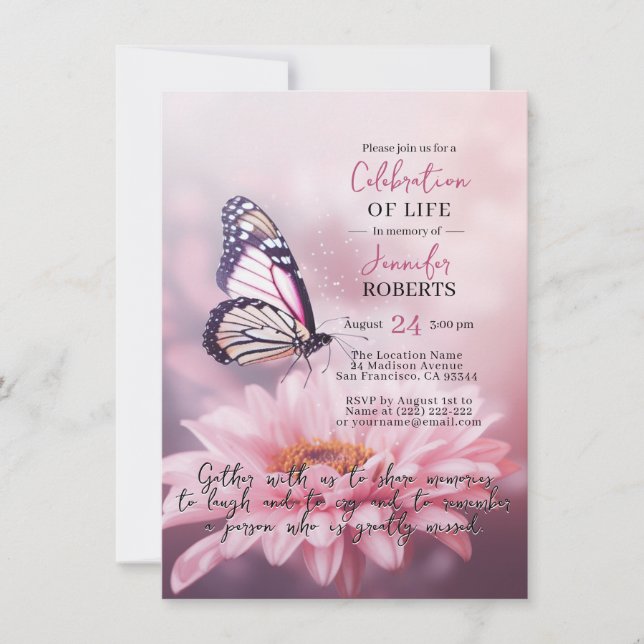 Invitation Célébration de la vie de Papillon Marguerite Rose  (Devant)