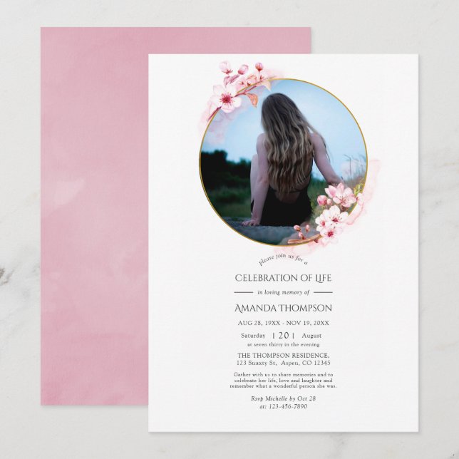 Invitation Célébration de la vie de printemps rose Cerisier F (Devant / Derrière)