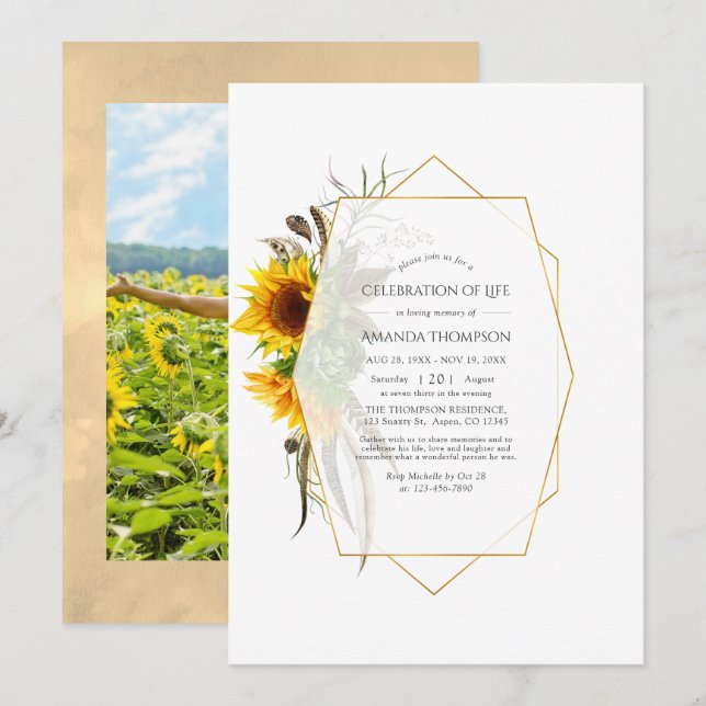 Invitation Célébration de la vie de tournesols rustiques géom (Devant / Derrière)