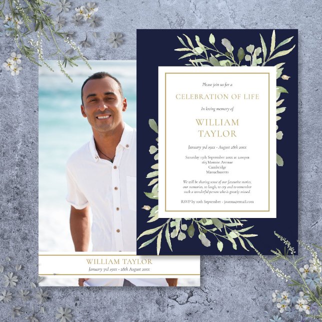 Invitation Célébration de la vie des Feuilles bleus de la Mar (Navy Blue Leaves Funeral Celebration of Life Photo Invitation)