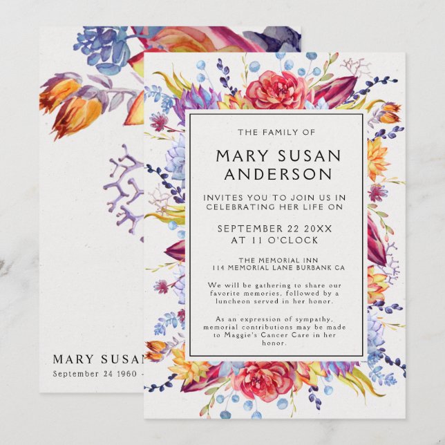 Invitation Célébration de la vie des succulents funéraires (Devant / Derrière)